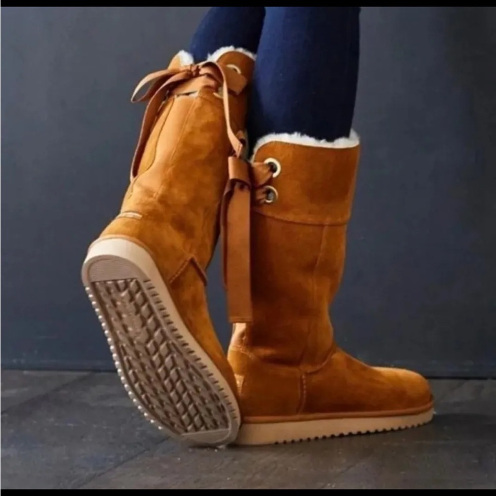 Kookaburra by UGG “Andrah”Tall Chestnut Suede Bow Tie Boot - Picture 2 of 12